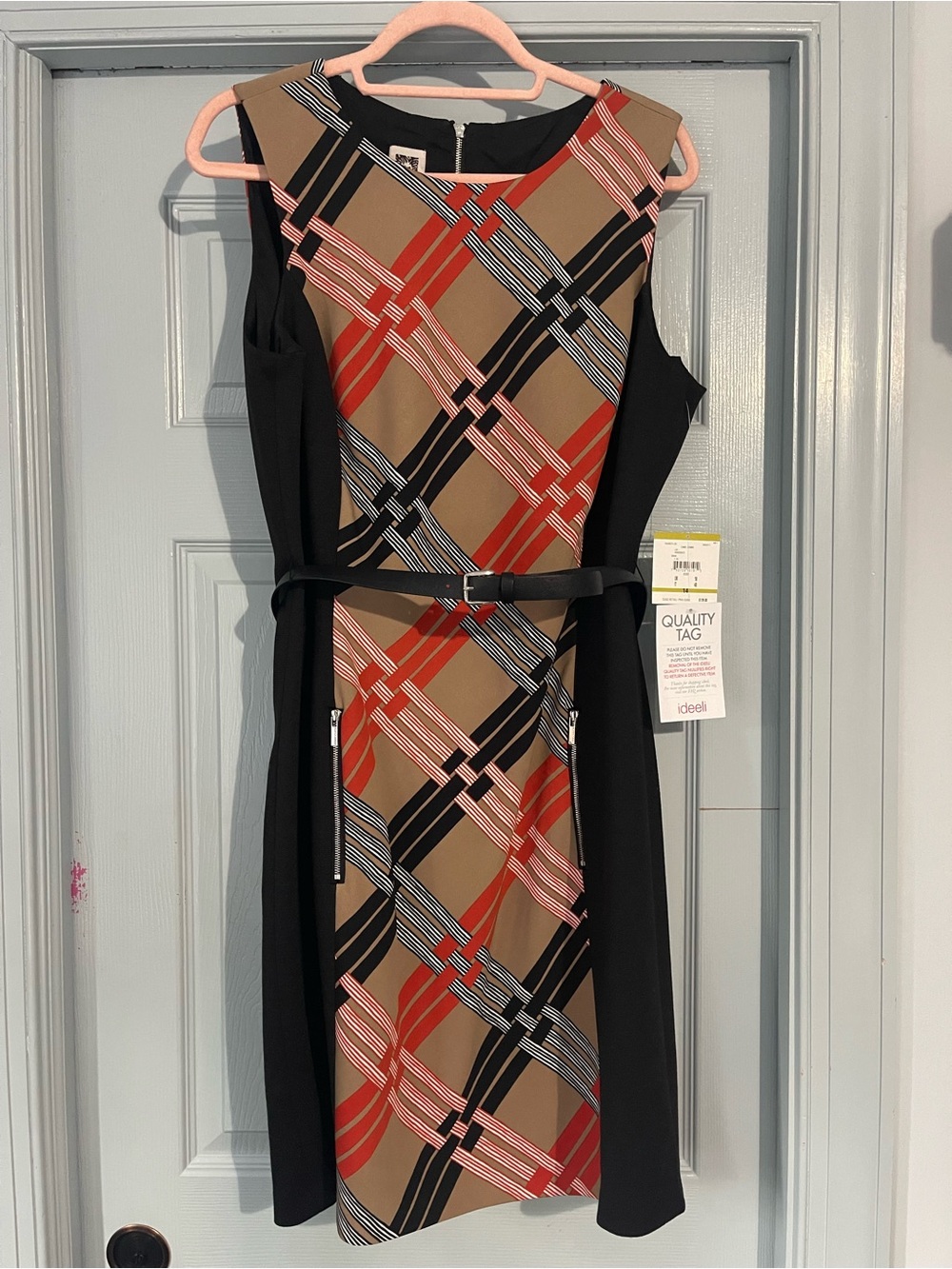 Anne Klein Tan Plaid Midi Dress with Black Panels and Red Accents